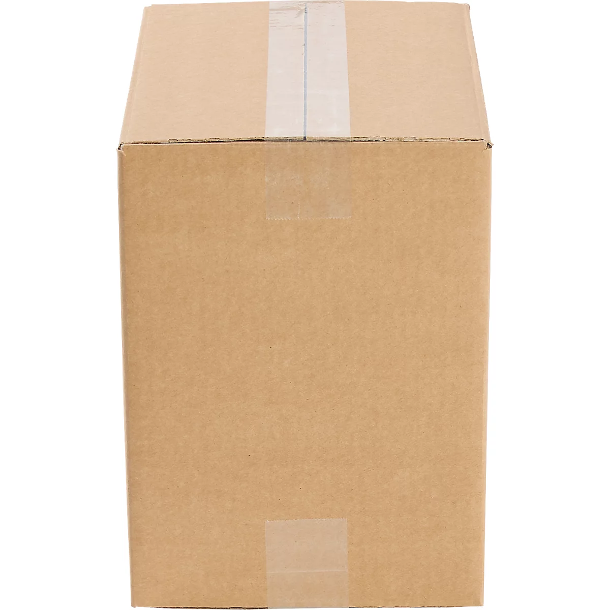 Caja de cartón marrón con cinta adhesiva blanca en la parte superior.