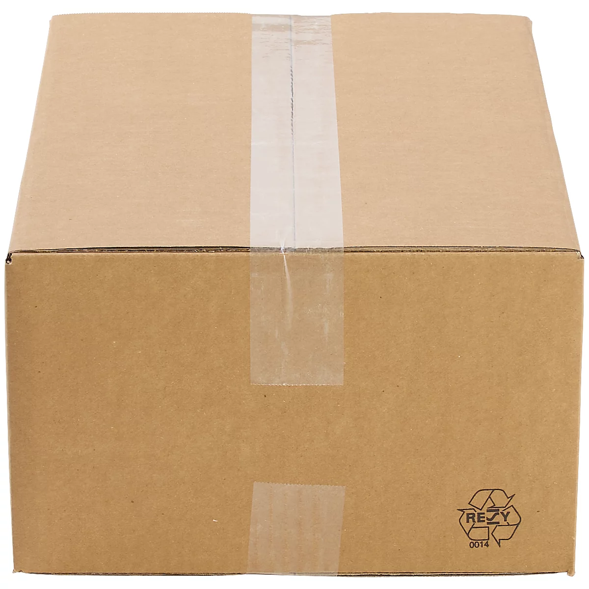 Caja de cartón, marrón con cinta adhesiva, símbolo de reciclaje.