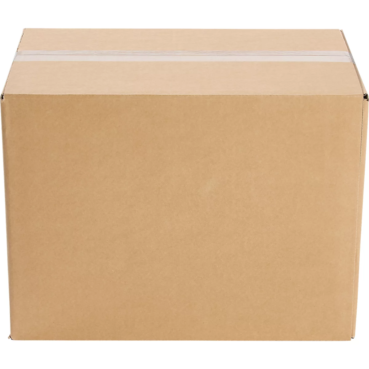 Caja de cartón de cartón marrón, sellada en la parte superior con cinta adhesiva.