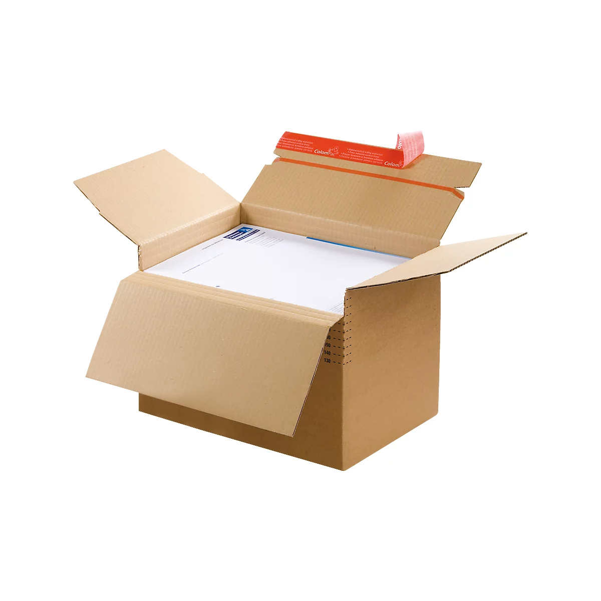 Caja de envío marrón abierta con papel y una solapa de cierre roja.