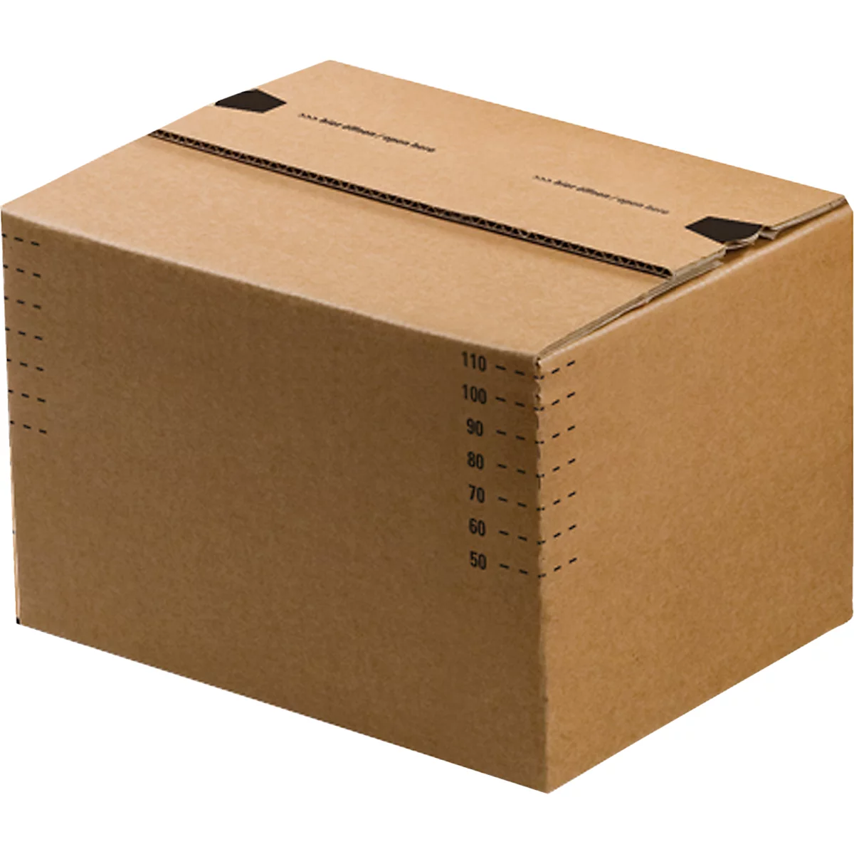 Una caja de cartón marrón, parcialmente cerrada, con marcas negras y medidas.