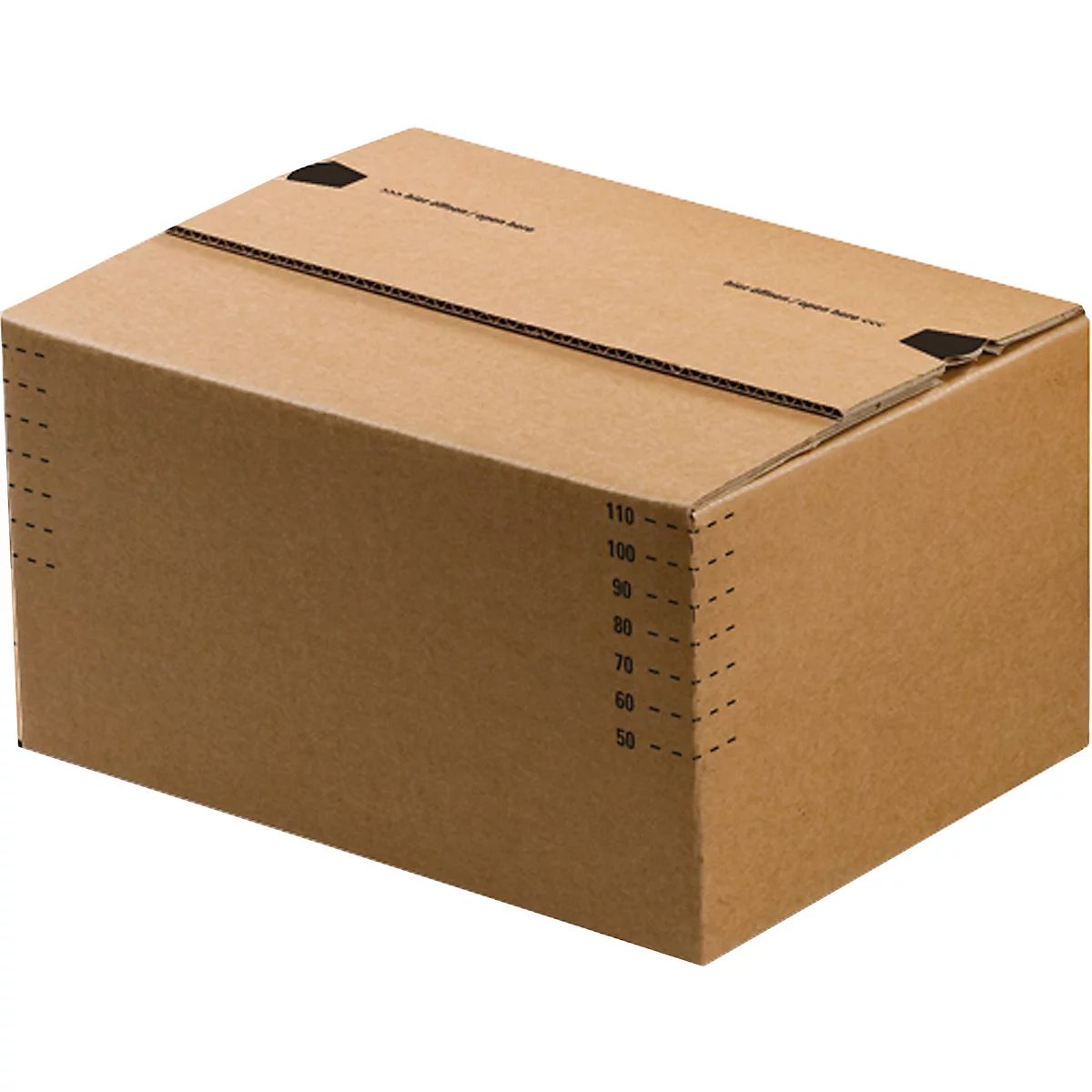 Caja de cartón marrón con dimensiones impresas en negro.