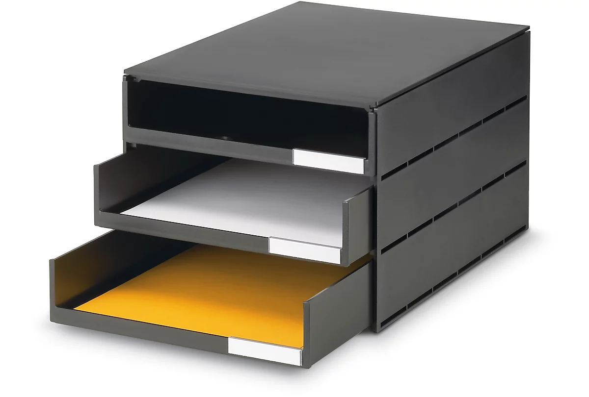 Cajón de escritorio Styro Styroval, para formatos hasta C4, 3 cajones abiertos, material reciclado, negro/negro