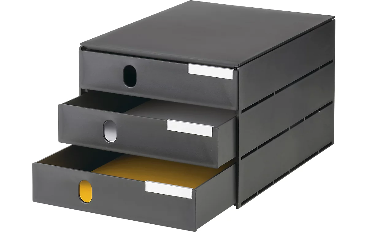 Cajón de escritorio Styro Styroval, para formatos hasta C4, 3 cajones cerrados, material reciclado, negro/negro