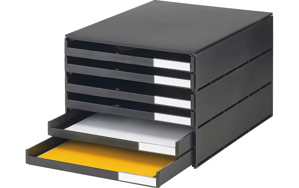 Cajón de escritorio Styro Styroval, para formatos hasta C4, 6 cajones abiertos, material reciclado, negro/negro