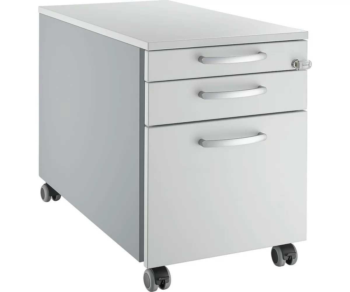 Cajón móvil Schäfer Shop Select 126, 1 cajón, extraíble para RH y utensilios, tiradores redondos, aluminio blanco/gris claro/gris claro