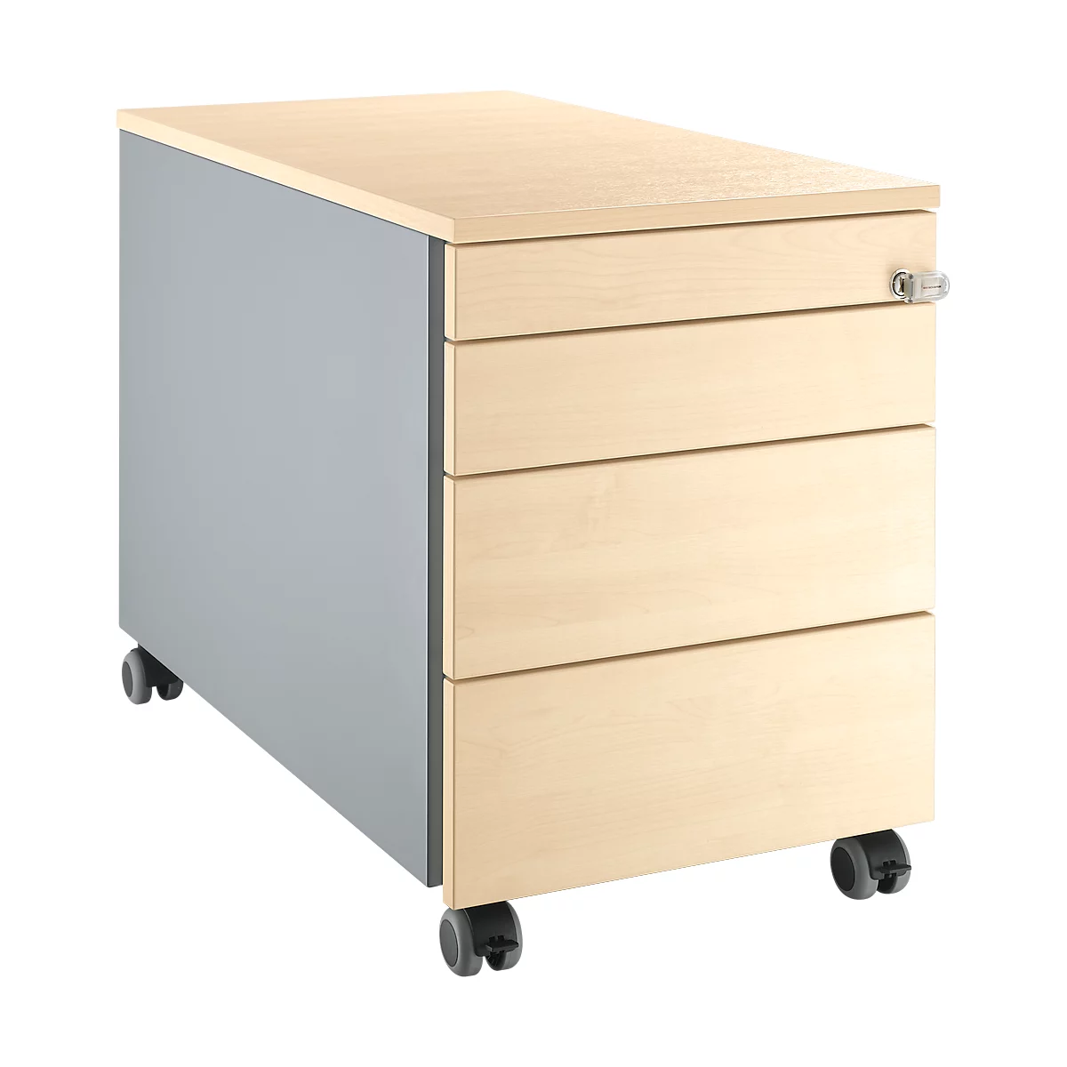 Cajonera móvil Schäfer Shop Genius 1233, 3 cajones, 1 cajón para utensilios, cierre centralizado, ranura para asas en el lateral, ancho 435 x fondo 765 x alto 577 mm, acabado blanco/aluminio/arce