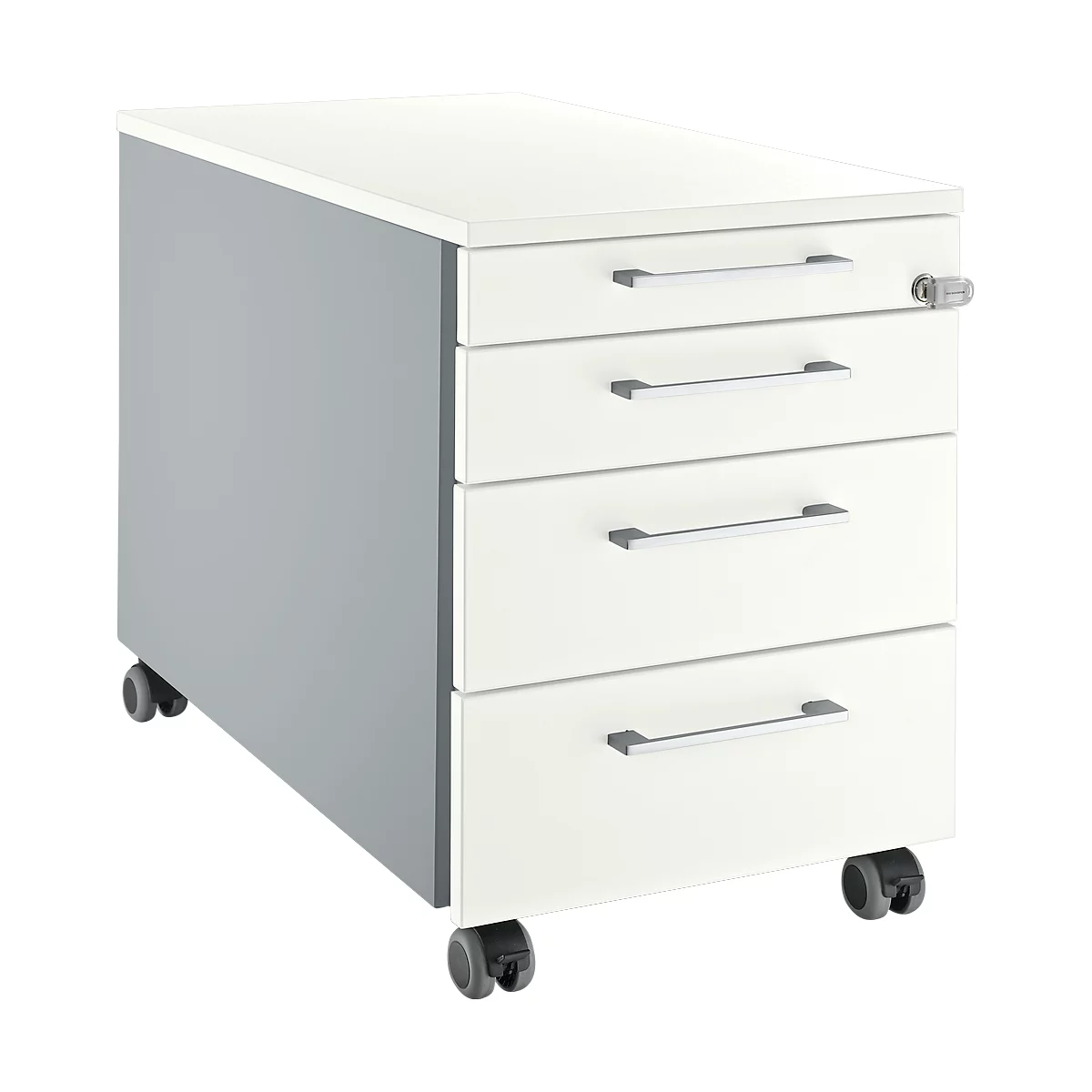 Cajonera blanca con cuatro cajones y tiradores plateados. Un cajón está cerrado con llave.