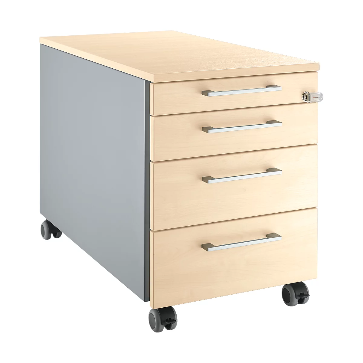 Armario de oficina móvil, madera clara, lado gris, 4 cajones con manijas plateadas, cerradura.