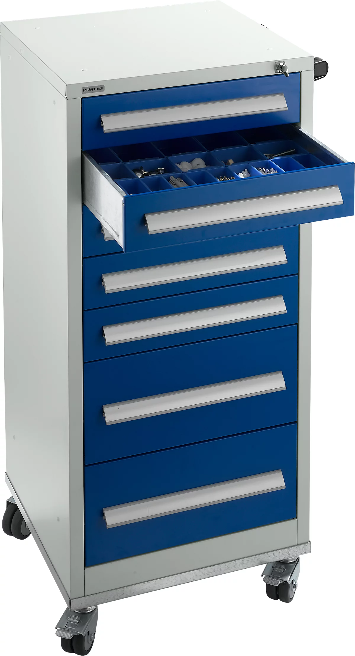 Cajonera Schäfer Shop Select SFR 70, 7 cajones, con ruedas, gris claro RAL 7035 azul mono RAL 5010