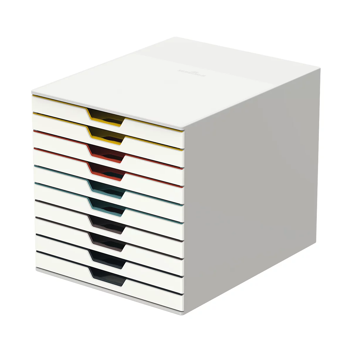 Sistema de archivo apilable blanco con cajones de colores. Los cajones superiores son amarillos, rojos, turquesas y negros.
