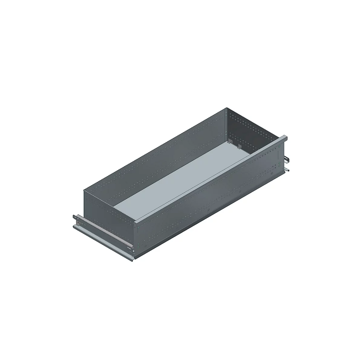 Cajón gris con paredes laterales inclinadas, mostrado sobre un fondo claro.