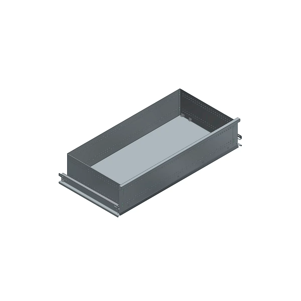 Cajón de metal rectangular gris, visto en diagonal desde arriba. Interior más claro, exterior más oscuro. Sin contenido.