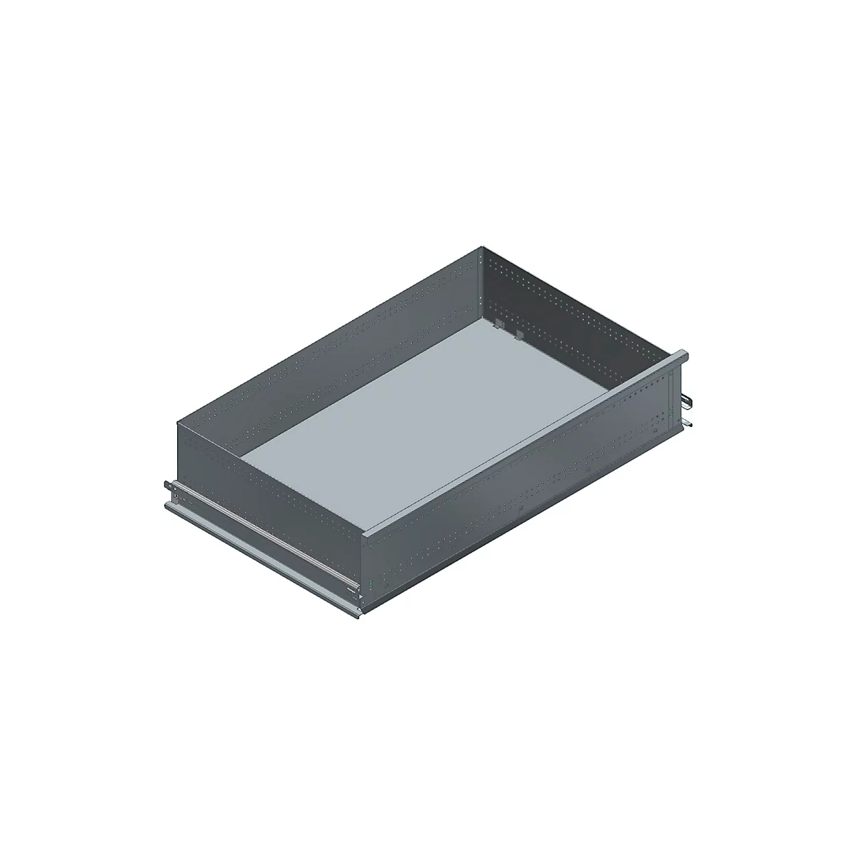 Cajón gris con un diseño angular, fotografiado ligeramente desde arriba.