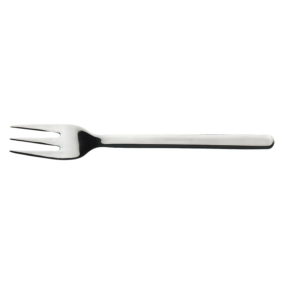 Close-up of a polished, three-tined metal fork with a slightly curved handle.