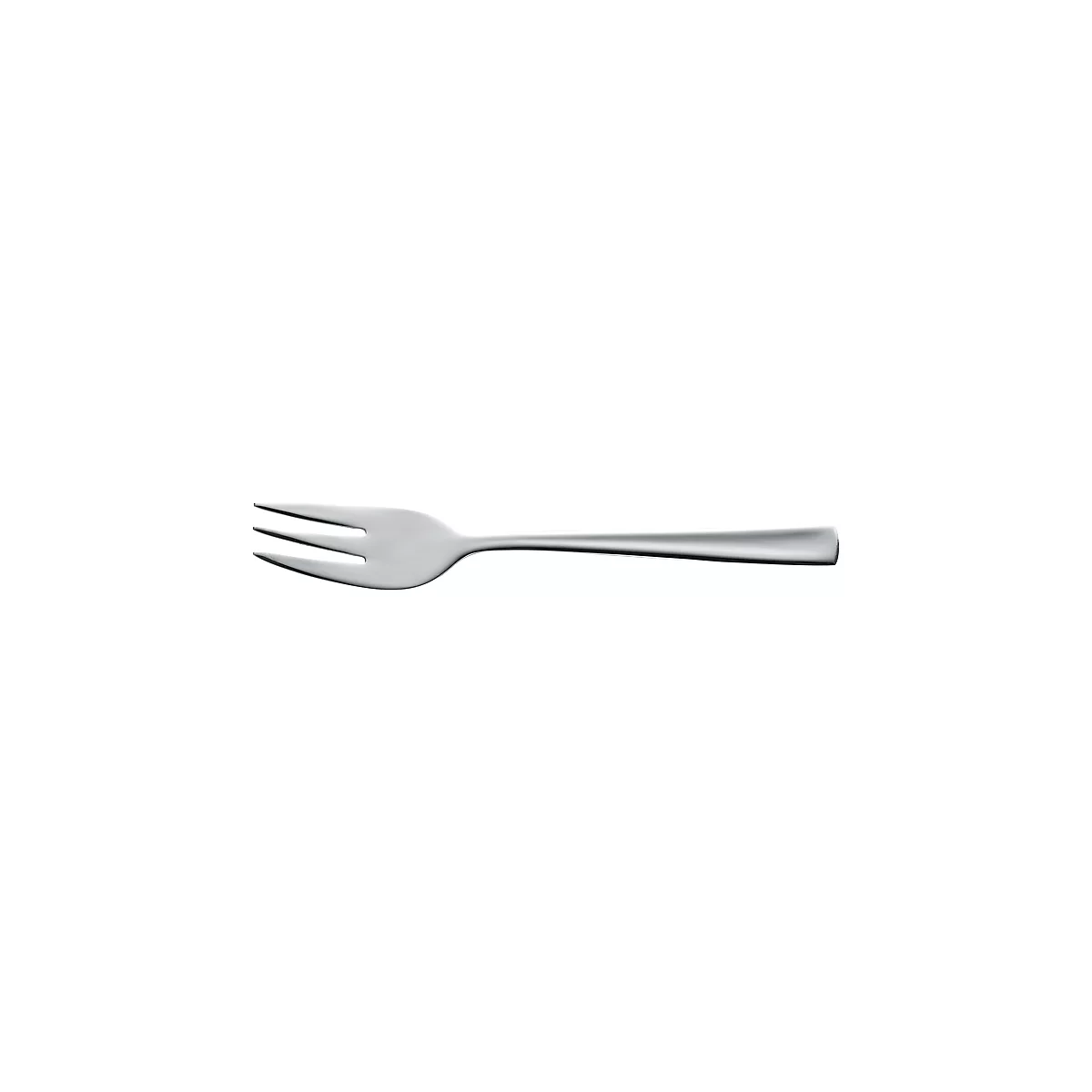 A silver fork with three tines and a long, rounded handle.