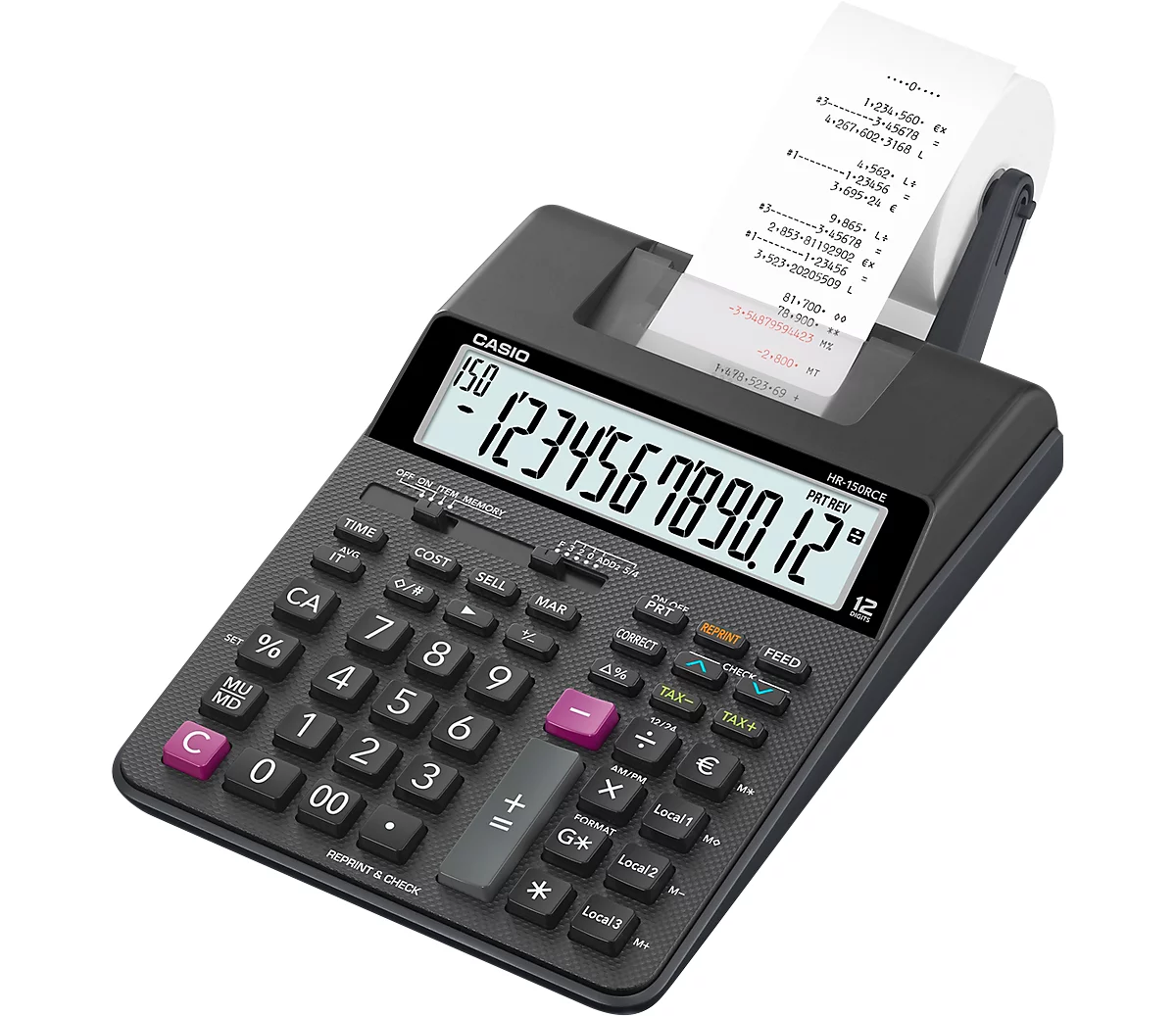 Calculadora con impresora Casio HR-150RCE, pantalla LC de 12 dígitos, anchura de papel 58 mm