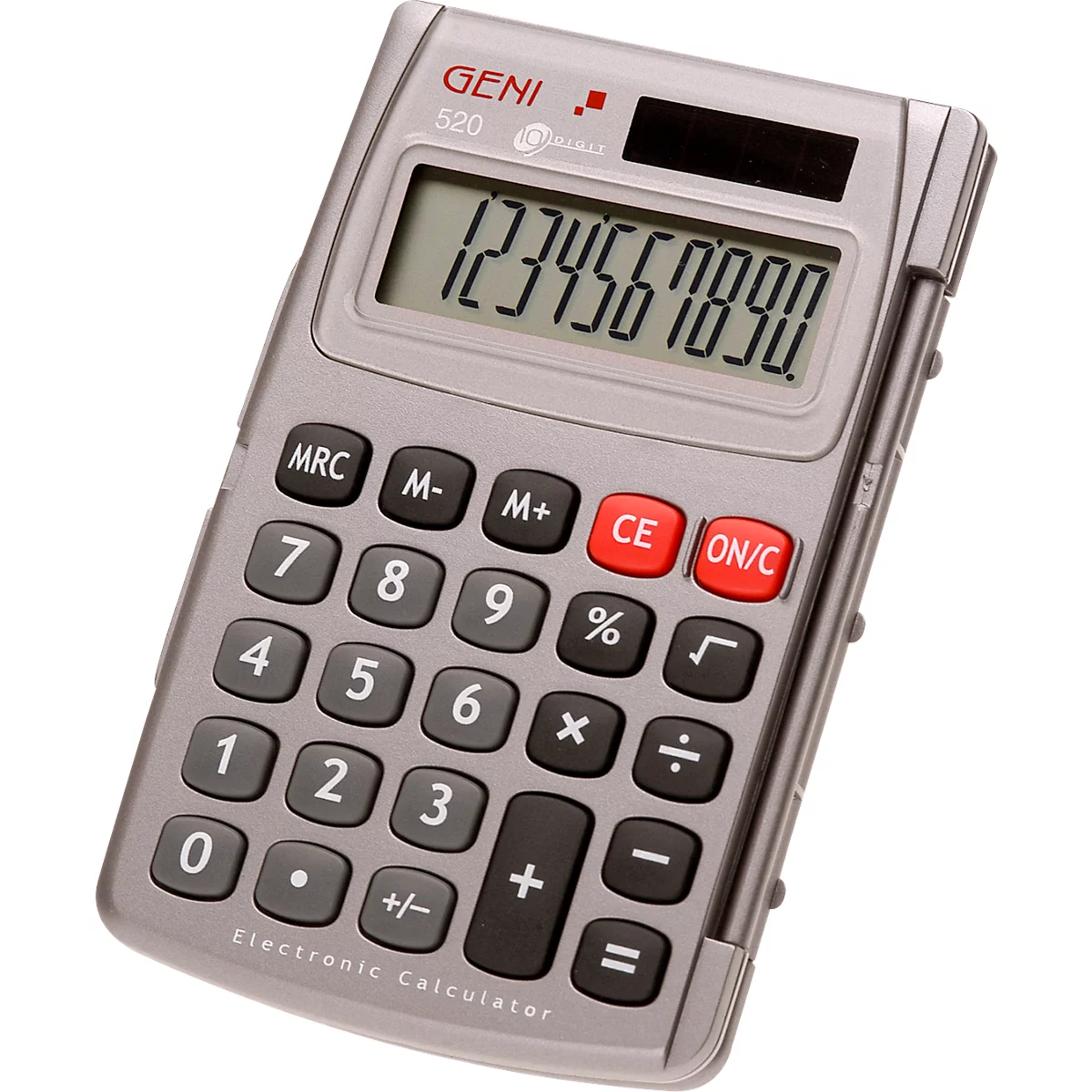 Calculadora gris mostrando los números del 1 al 9. Botón rojo CE/ON. Inscripción GENI 520.