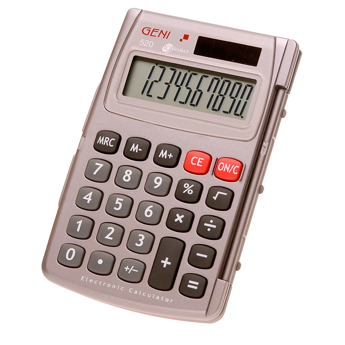 Calculadora de bolsillo Genie 520, pantalla de 10 dígitos, alimentado con pilas/solar y con tapa abatible