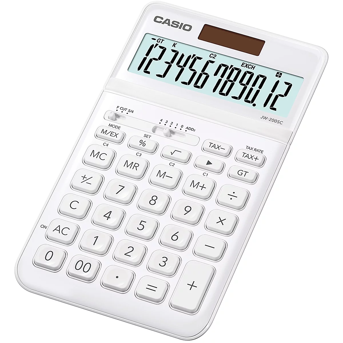 Calculadora de mesa Casio JW-200 SC, gran pantalla LC de 12 dígitos, alimentado con batería/solar, blanco