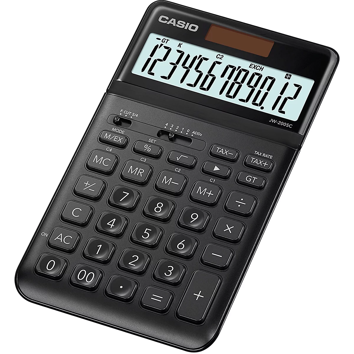 Calculadora de mesa Casio JW-200 SC, gran pantalla LC de 12 dígitos, alimentado con batería/solar, negro
