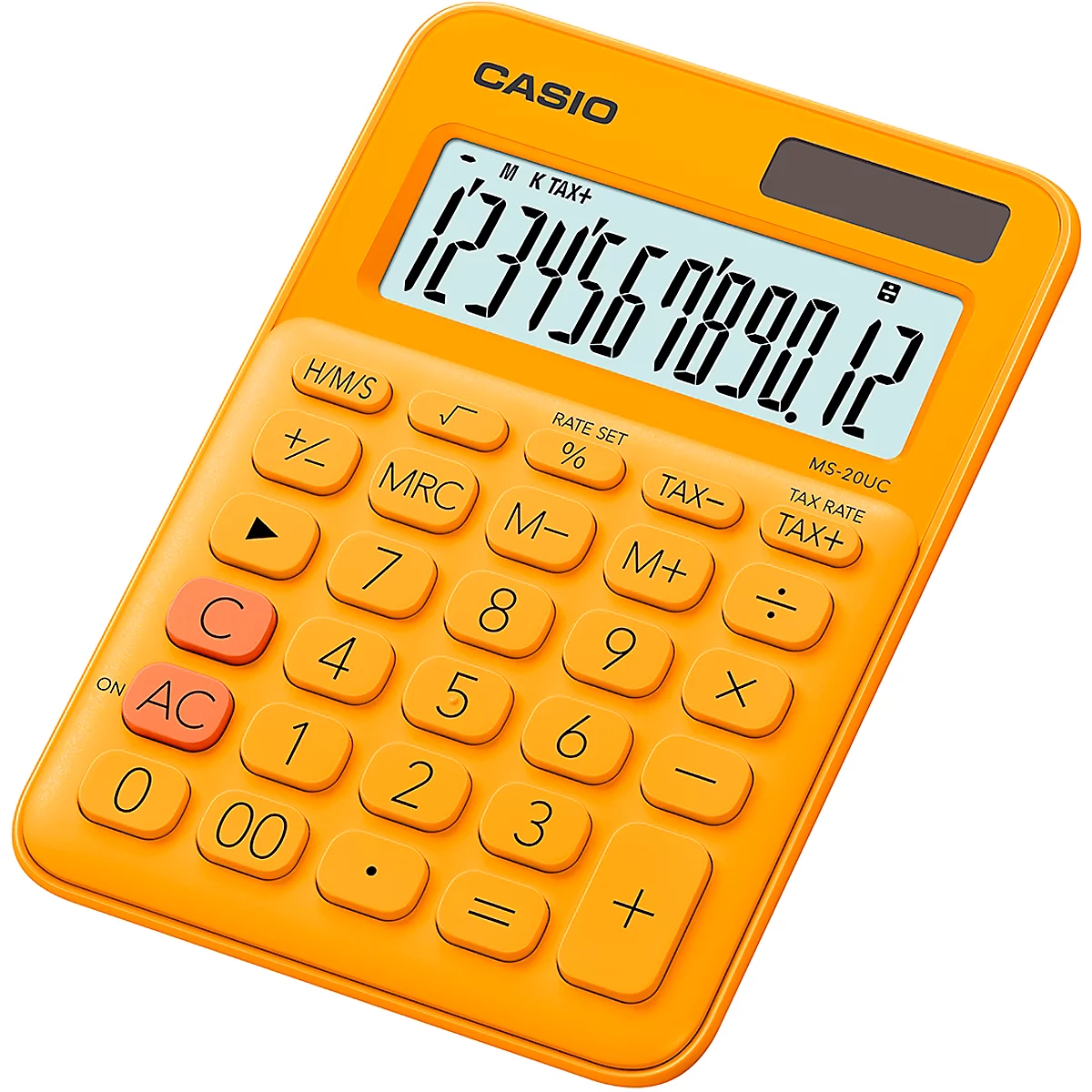 Calculadora de mesa Casio MS-20UC, pantalla LC de 12 dígitos, alimentado con batería/solar, naranja