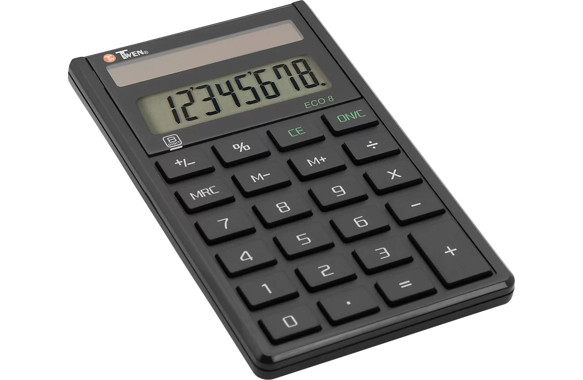 Calculadora de mesa Twen Eco 8, alimentación solar, pantalla de 8 dígitos, 37 g, cambio de signo, 1 memoria