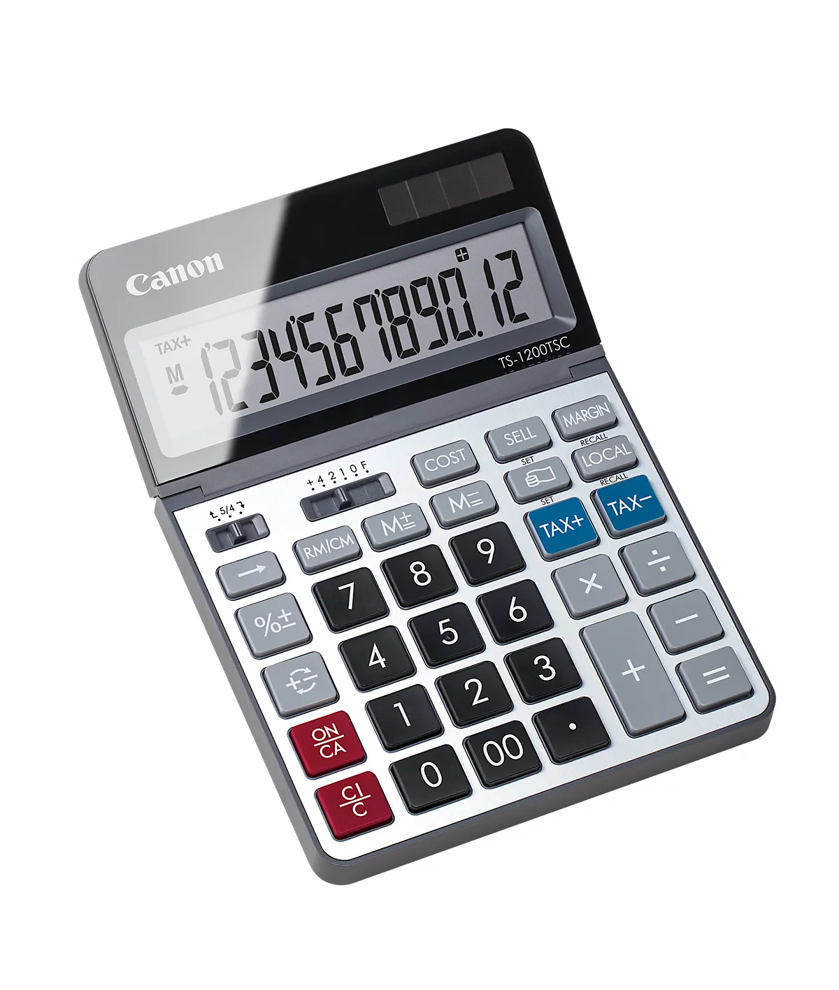 Calculadora de sobremesa Canon TS-1200TSC, pantalla LCD de 12 dígitos y plegable, con conversión de divisas, alimentación solar y a pilas, plástico y metal, plata