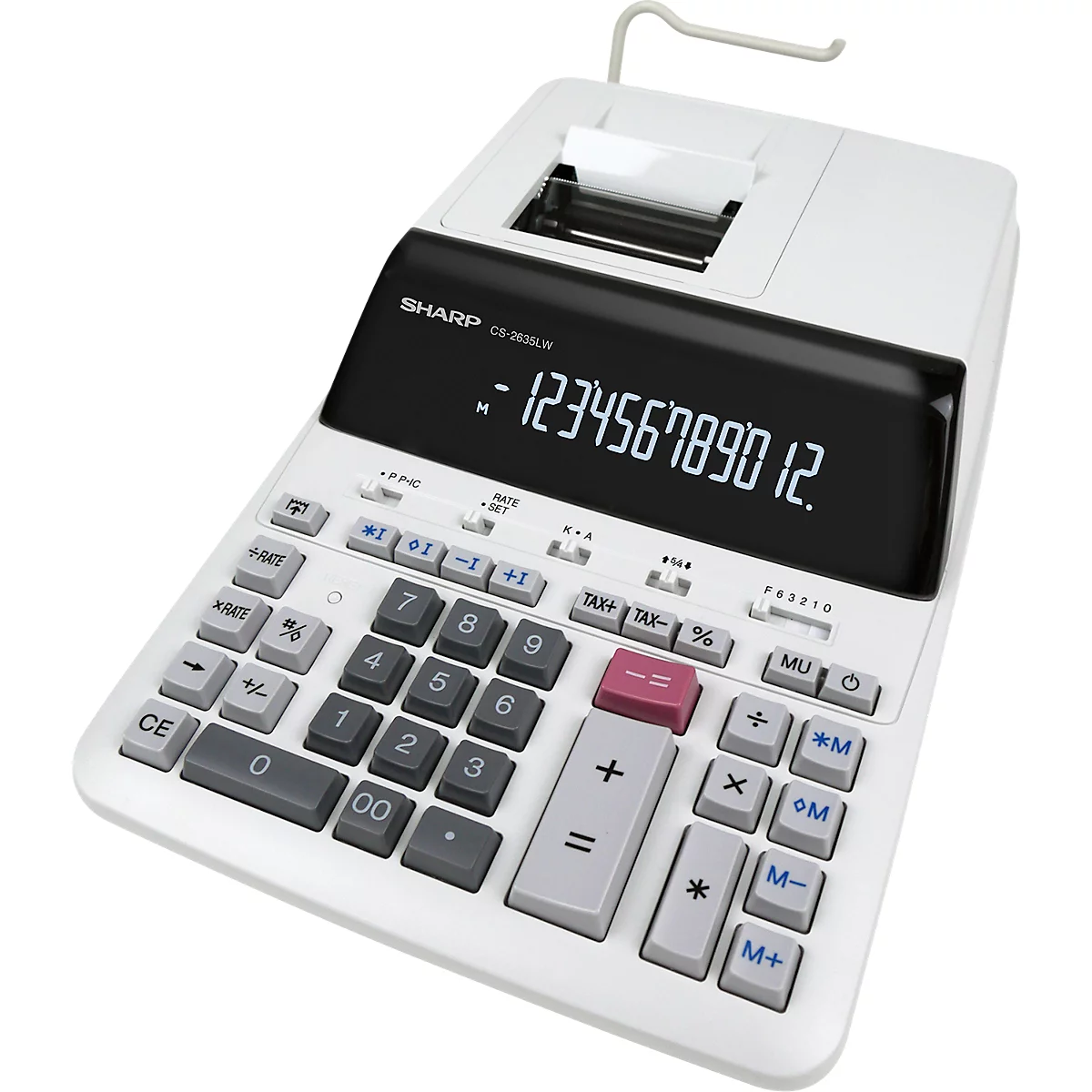 Calculadora blanca con pantalla y teclado. Números y signos aritméticos impresos.