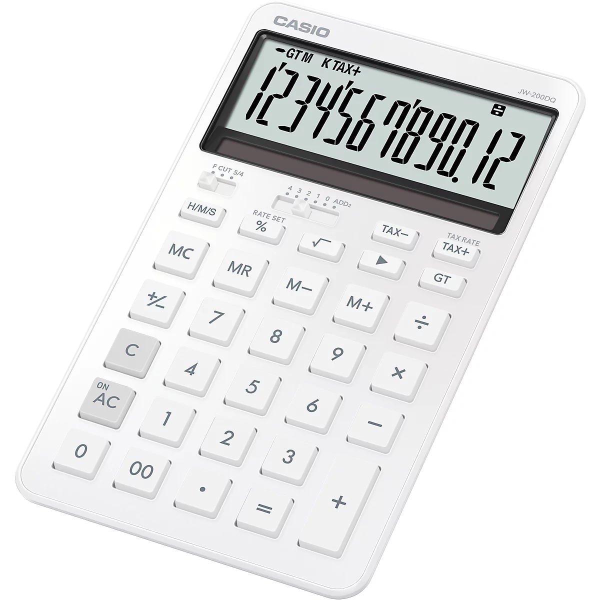 Calculatrice blanche Casio affichant 1234567890.12. La calculatrice possède de nombreux boutons étiquetés.