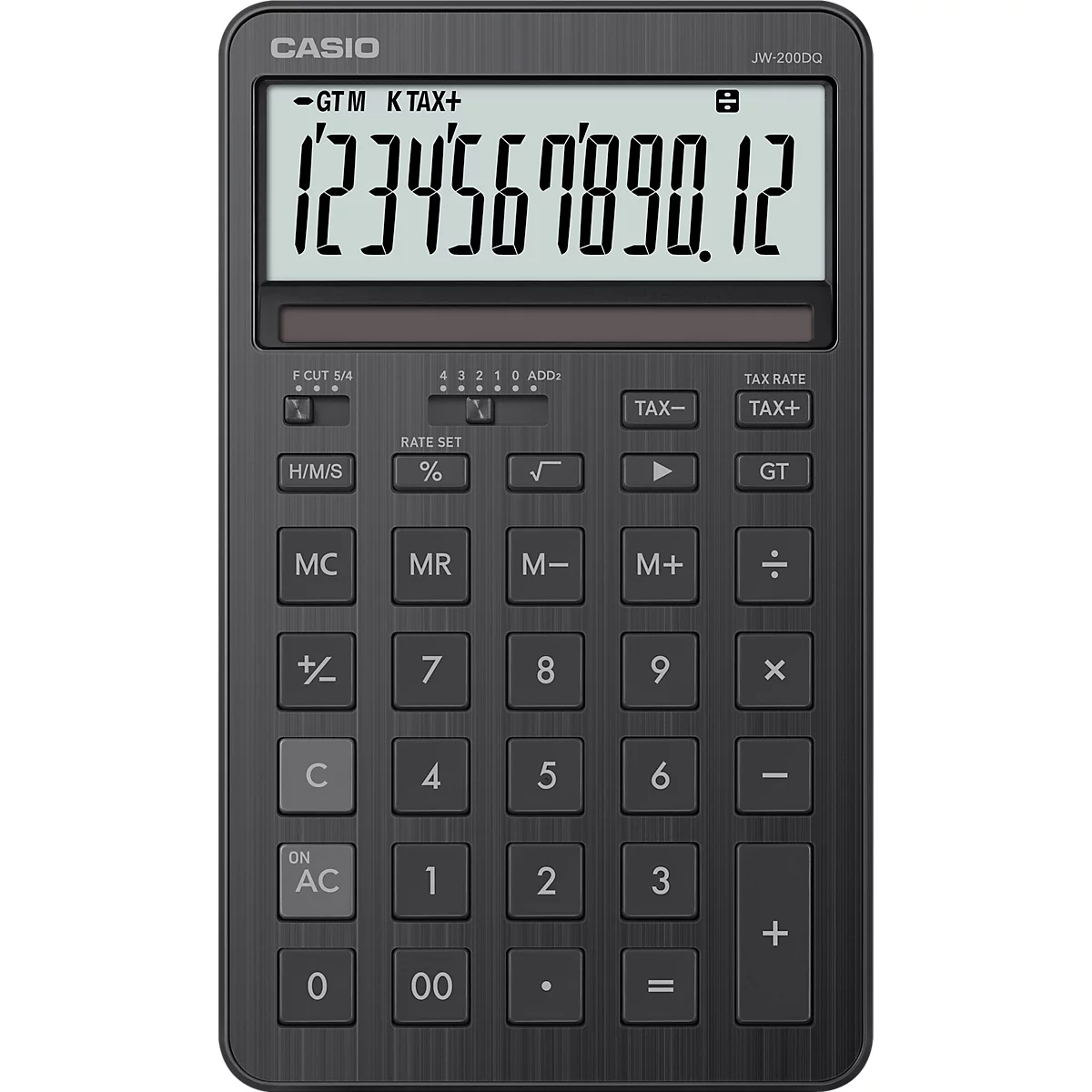 Calculatrice Casio gris foncé avec affichage numérique : 1234567890,12. De nombreuses touches avec des inscriptions.