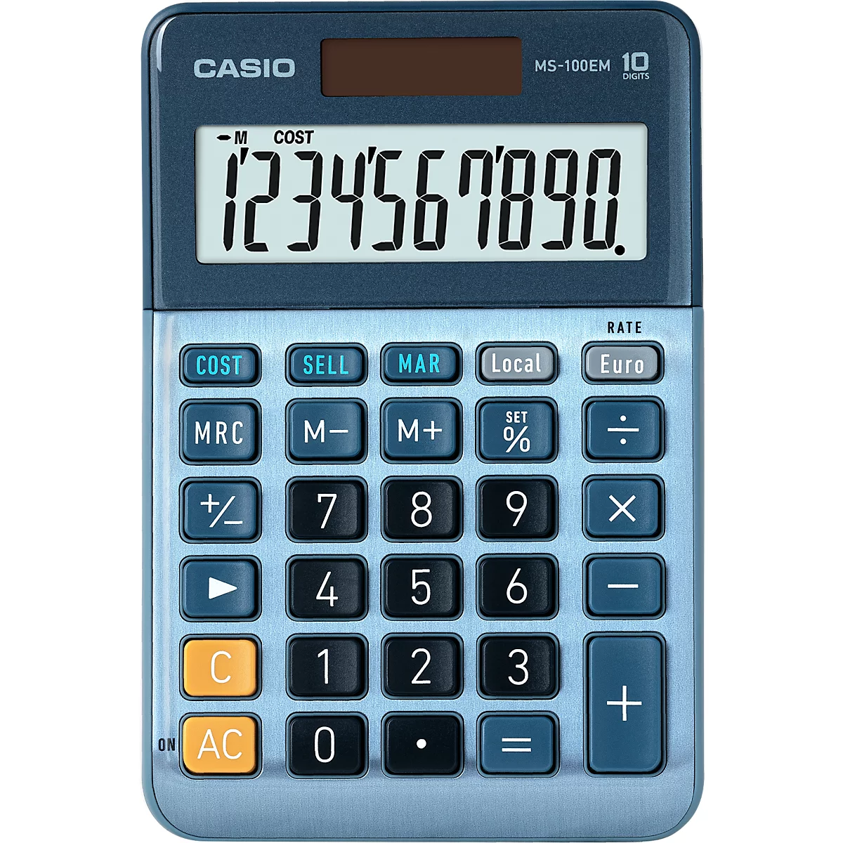 Une calculatrice Casio bleue avec des boutons noirs. L'écran affiche '1234567890.'.