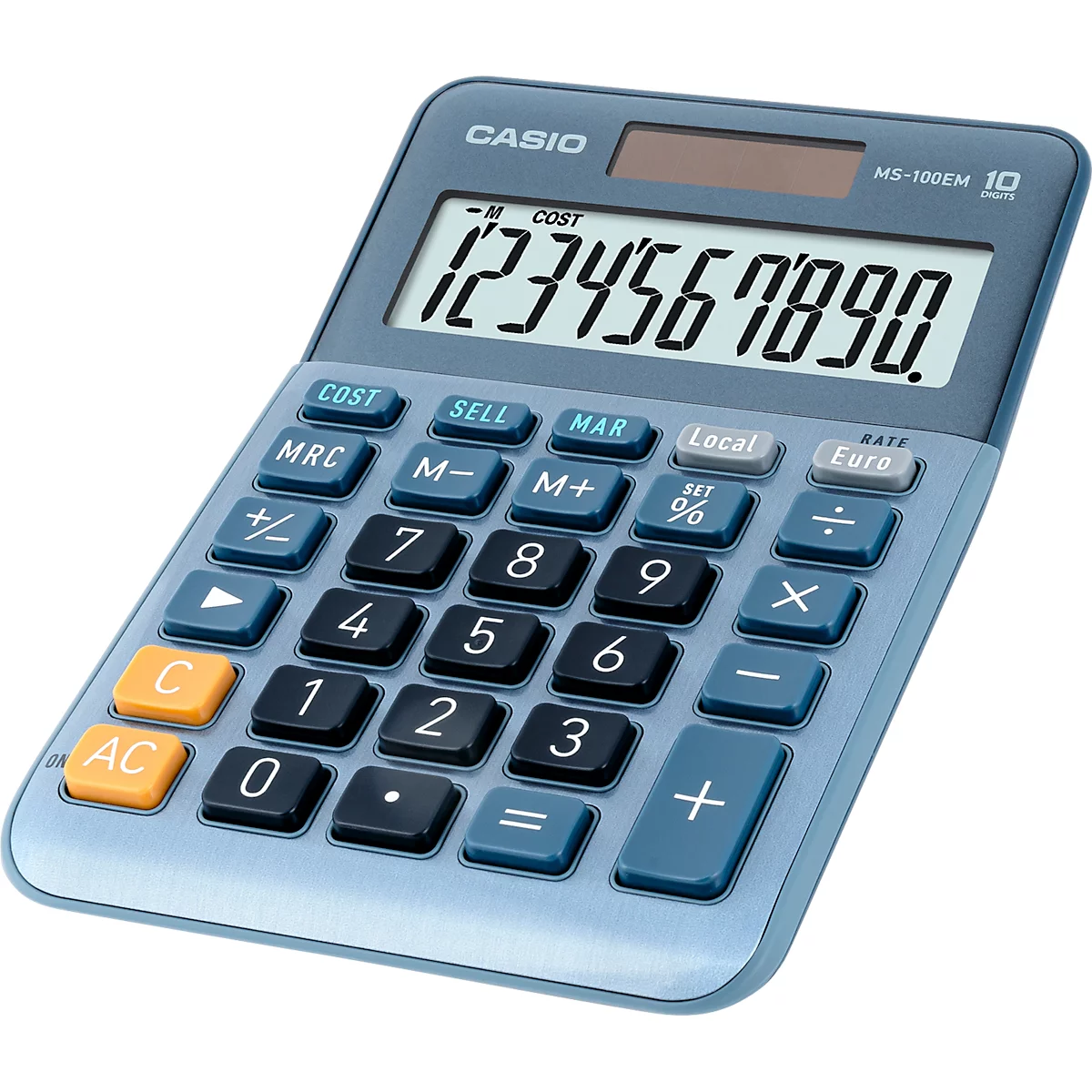 Calculatrice Casio bleue affichant les chiffres de 1 à 0. Nombreux boutons avec des étiquettes.