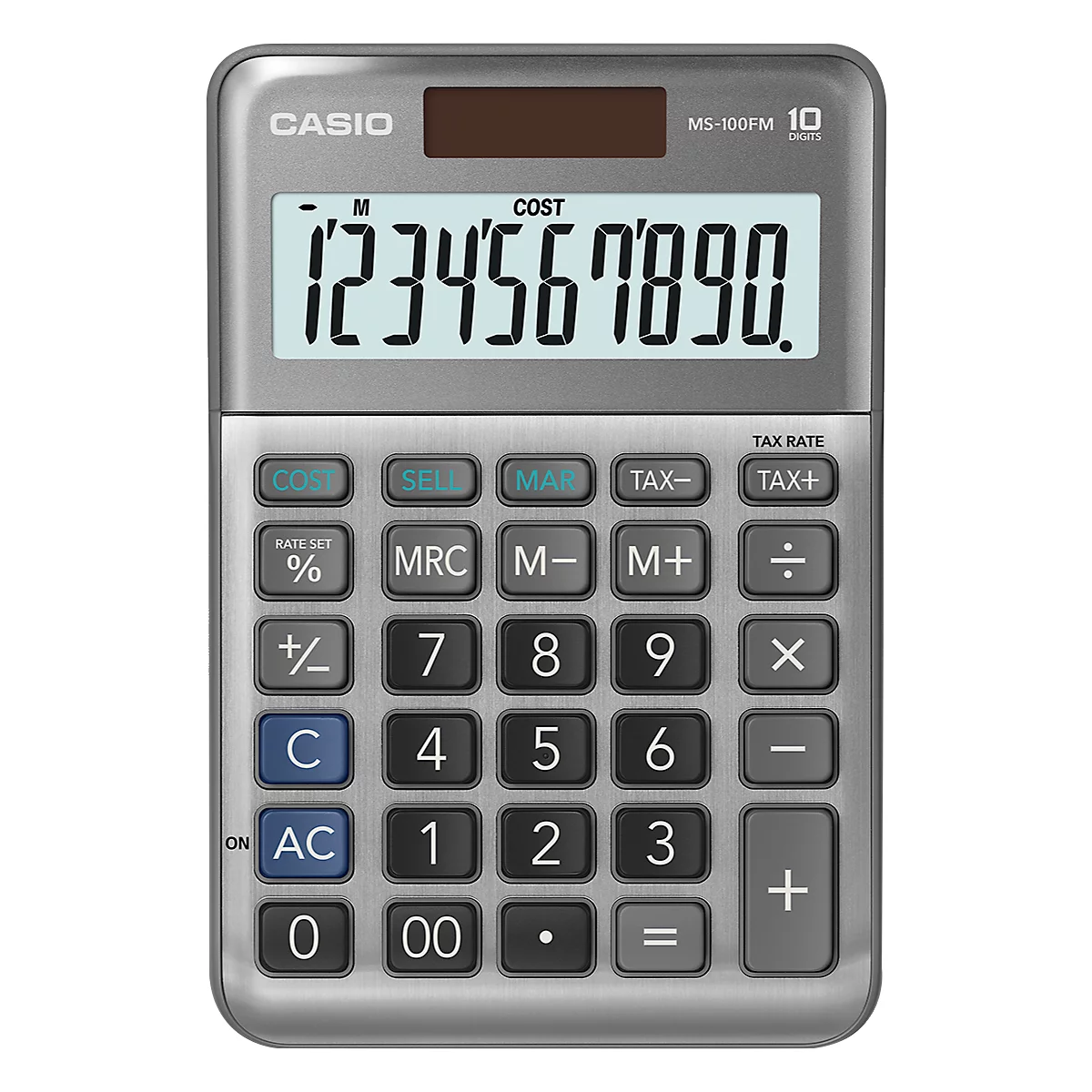 Calculatrice grise avec les chiffres de 1 à 9 et un écran affichant les chiffres 1234567890. Touches noires avec diverses fonctions.