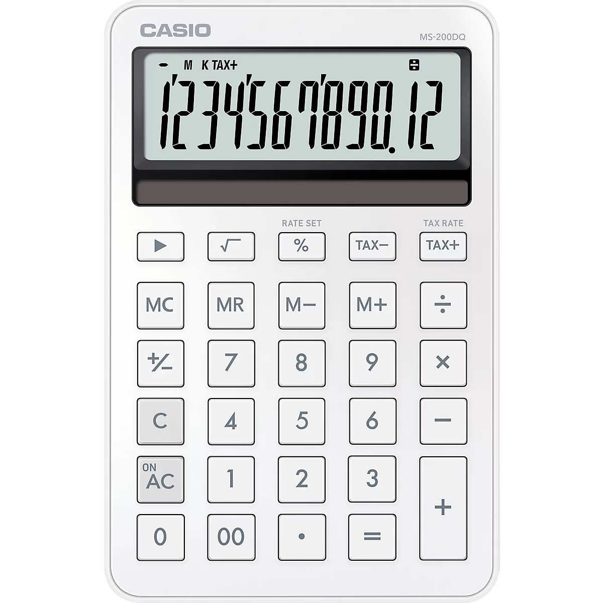Calculatrice blanche avec écran affichant le nombre 1234567890,12. En dessous, de nombreux boutons.