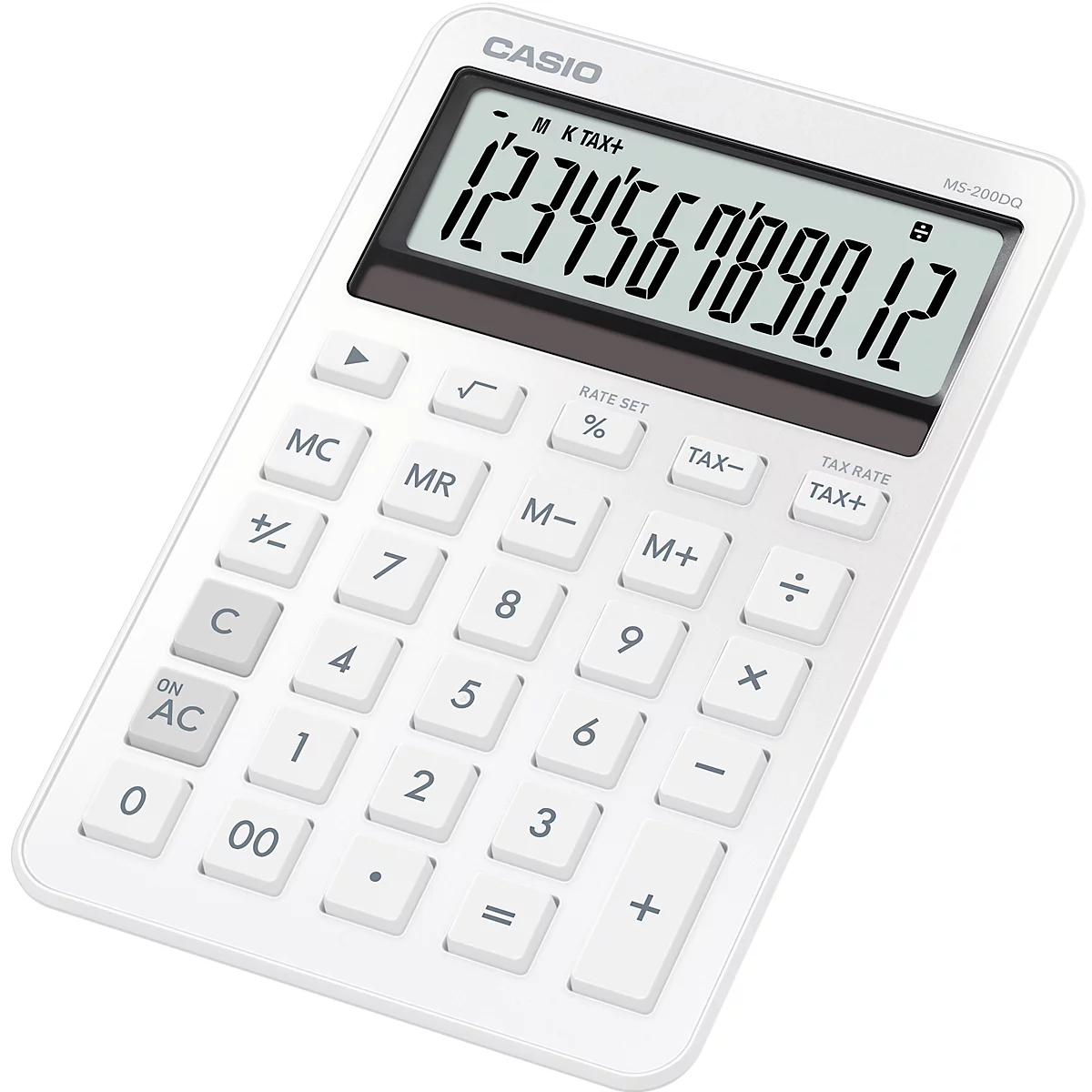 Calculatrice Casio blanche avec affichage numérique. Les touches indiquent des chiffres, des symboles mathématiques et des fonctions.