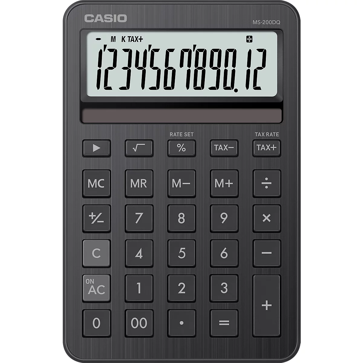 Calculatrice gris foncé avec un écran affichant les chiffres 1234567890.12. Les touches numériques et les fonctions sont étiquetées.