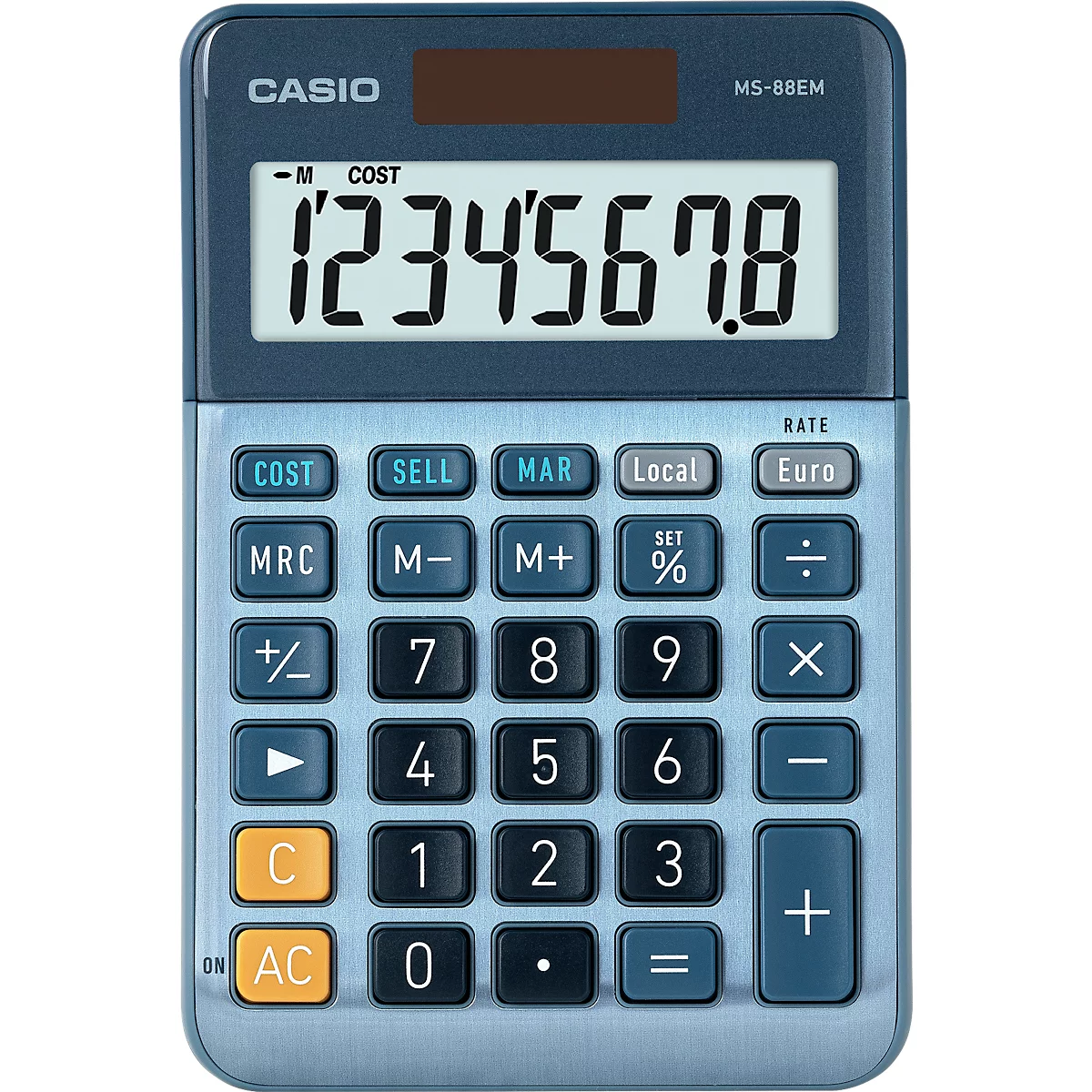 Calculatrice Casio bleue affichant le chiffre 1234567.8. Nombreux boutons avec différentes fonctions, comme le calcul de pourcentage.