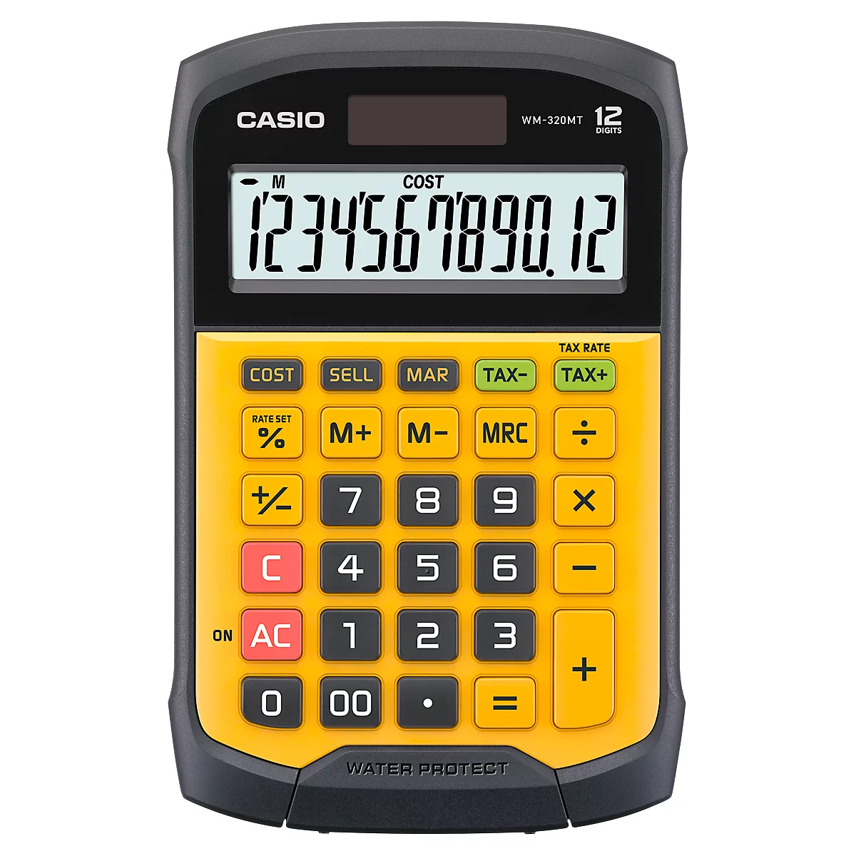 Calculatrice Casio jaune et noire. L'écran affiche les chiffres 1234567890.12. Boutons avec des étiquettes telles que COST, SELL, MAR, TAX- et TAX+.