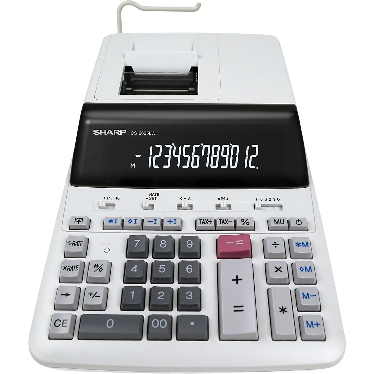 Une calculatrice blanche avec écran et touches, affichant le nombre 123456789012. La calculatrice a une fonction d'impression.