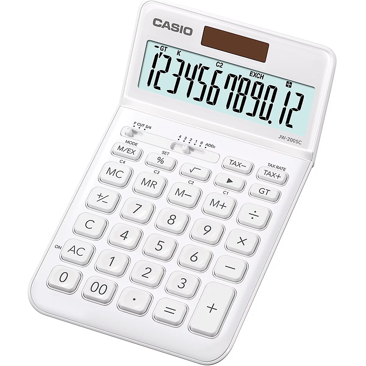 Calculatrice de bureau JW-200 SC Casio, écran LC BIG 12 caractères, énergie solaire/piles, blanc