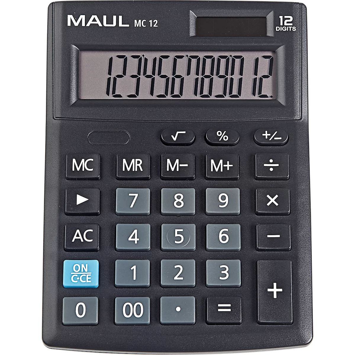 Calculatrice de bureau MAUL MC12, 12 chiffres, ergonomique, fonctionnement solaire et sur piles, L 103 x P 137 x H 31 mm, noire