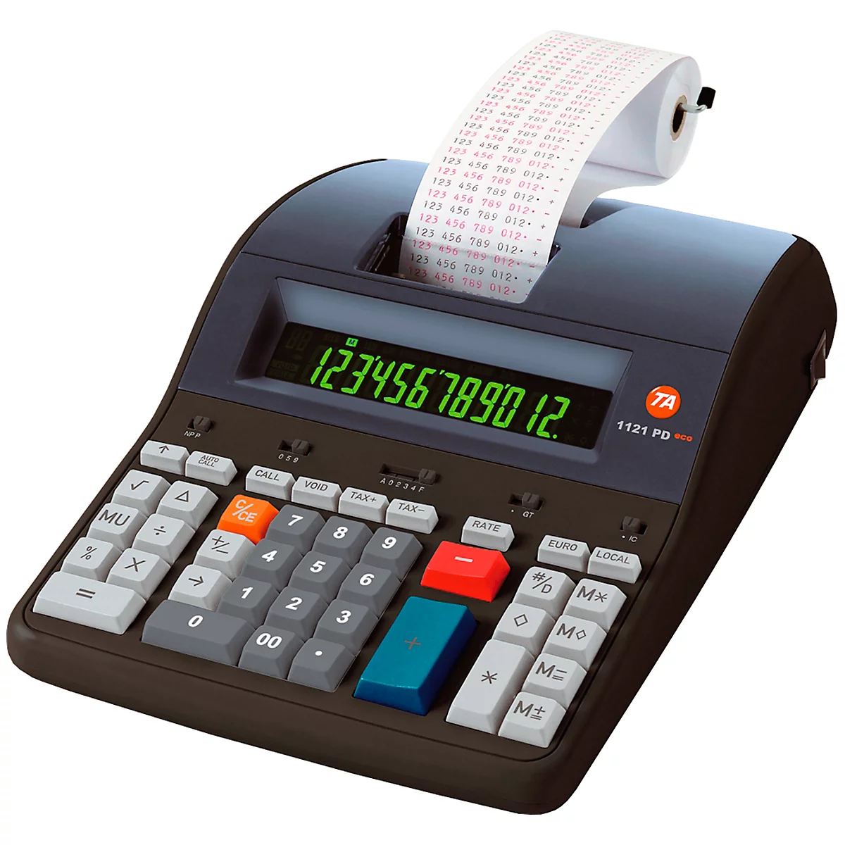 Calculatrice gris foncé avec affichage vert et papier imprimé.