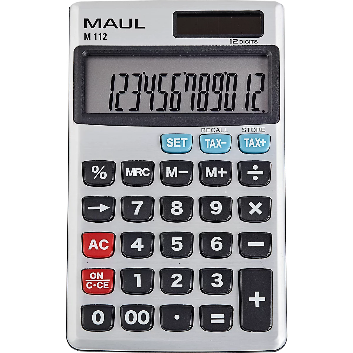 Calculatrice de poche MAUL M112, 12 chiffres, Tax, fonctionnement à l'énergie solaire &amp; sur piles, L 70 x P 119 x H 10 mm, argentée