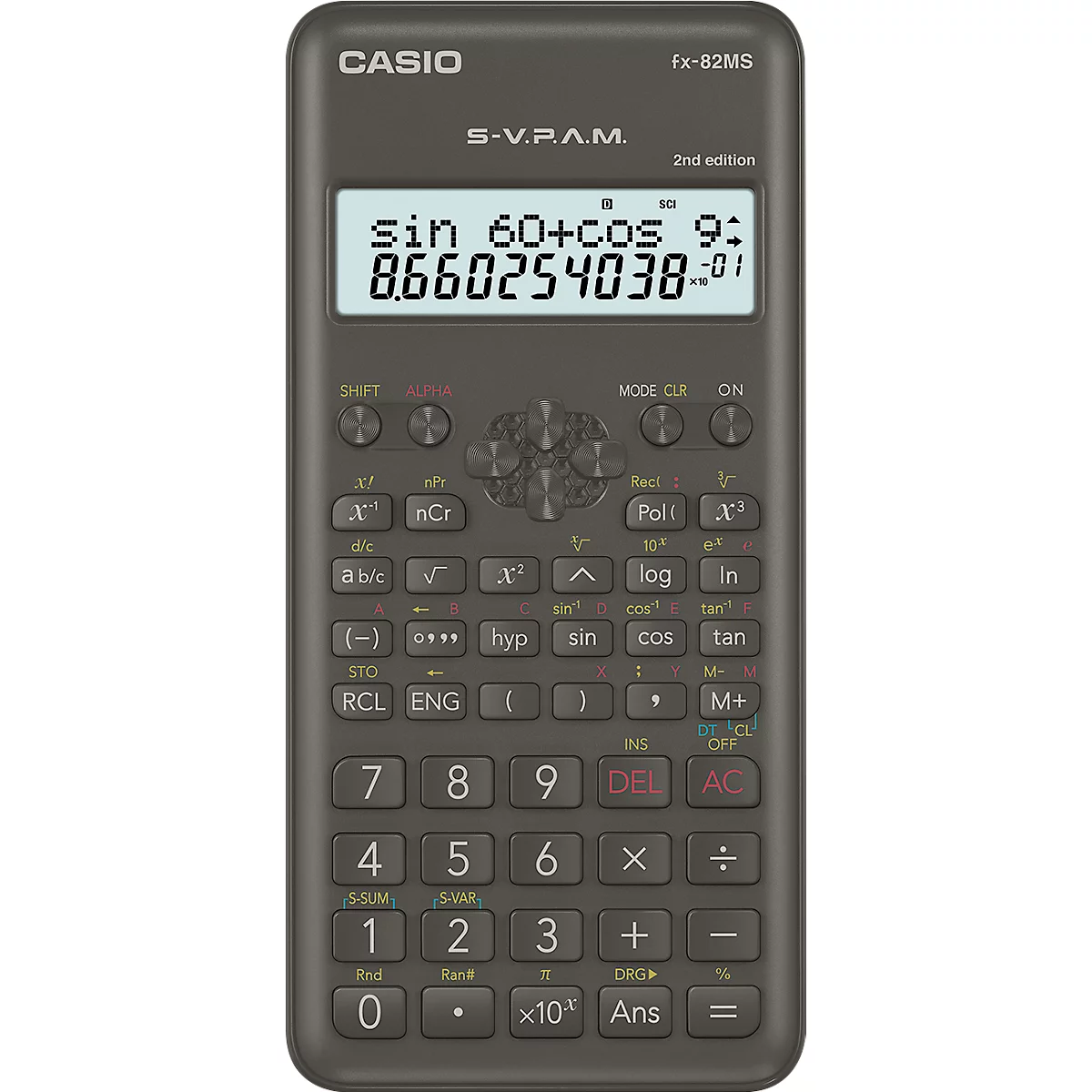 Calculatrice gris foncé avec un écran affichant un calcul mathématique.