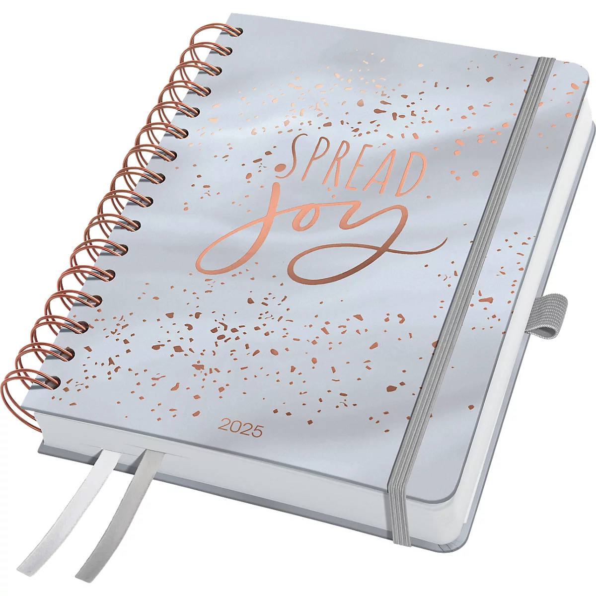 Calendrier à spirales Sigel Glittery Joy 2025, format A5, calendrier en DE/EN/FR/NL, élastique, passant pour stylo &amp; pochette 240 pages, papier, gris