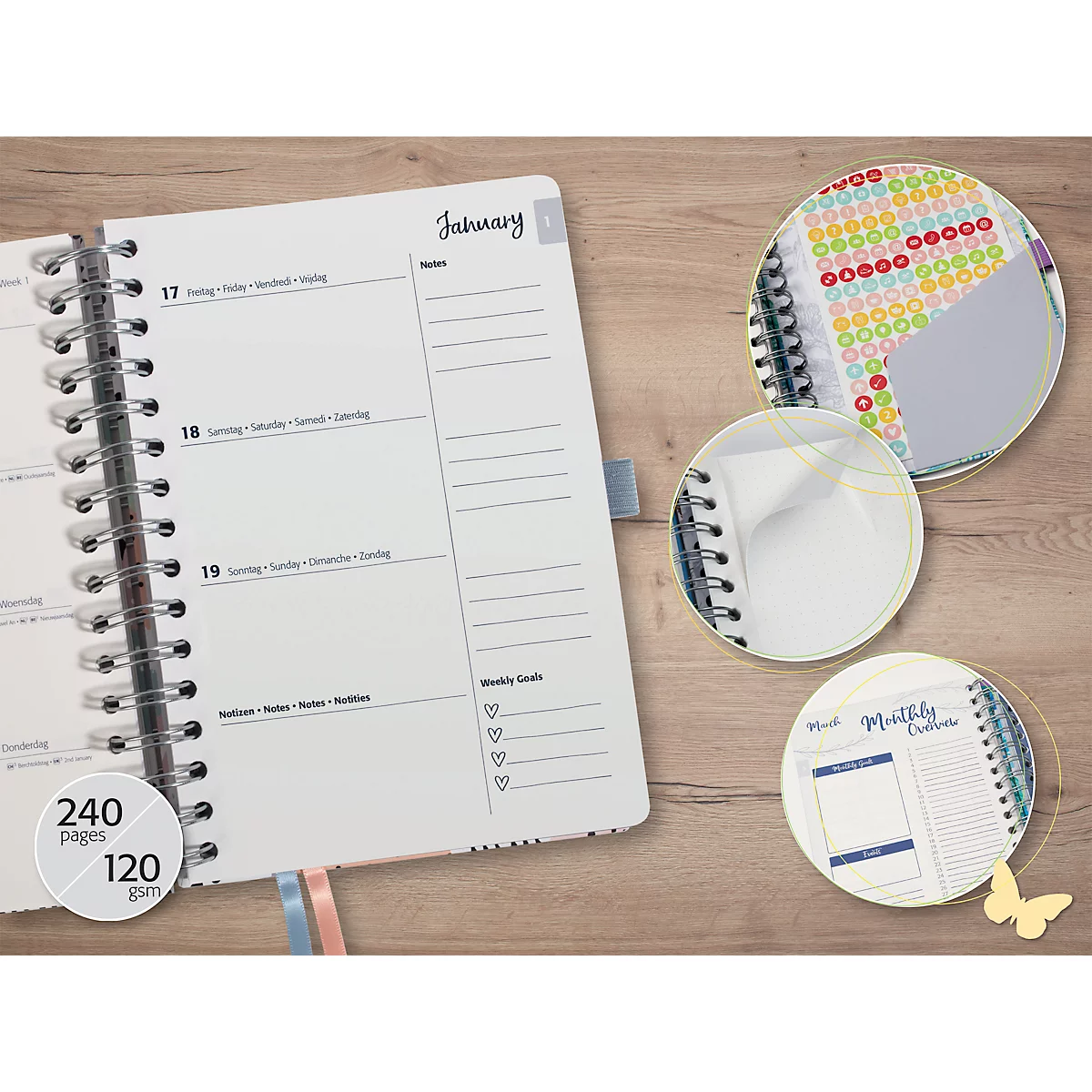 Calendrier à spirales Sigel Glittery Joy 2025, format A5, calendrier en DE/EN/FR/NL, élastique, passant pour stylo &amp; pochette 240 pages, papier, gris