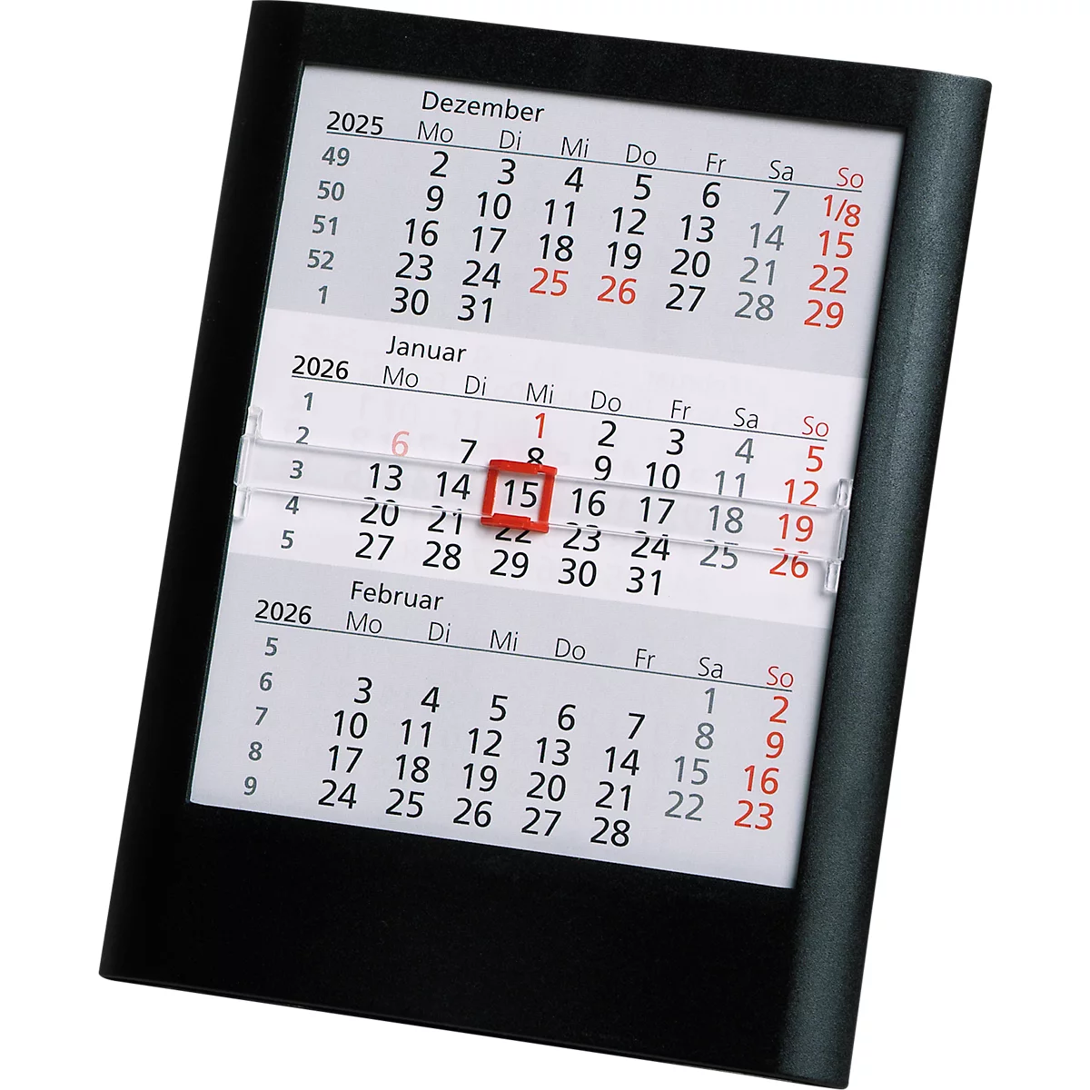 Calendrier de bureau à poser Standard 2026/2027, 24 pages, curseur de date rouge, L 120 x H 160 mm, plastique, noir