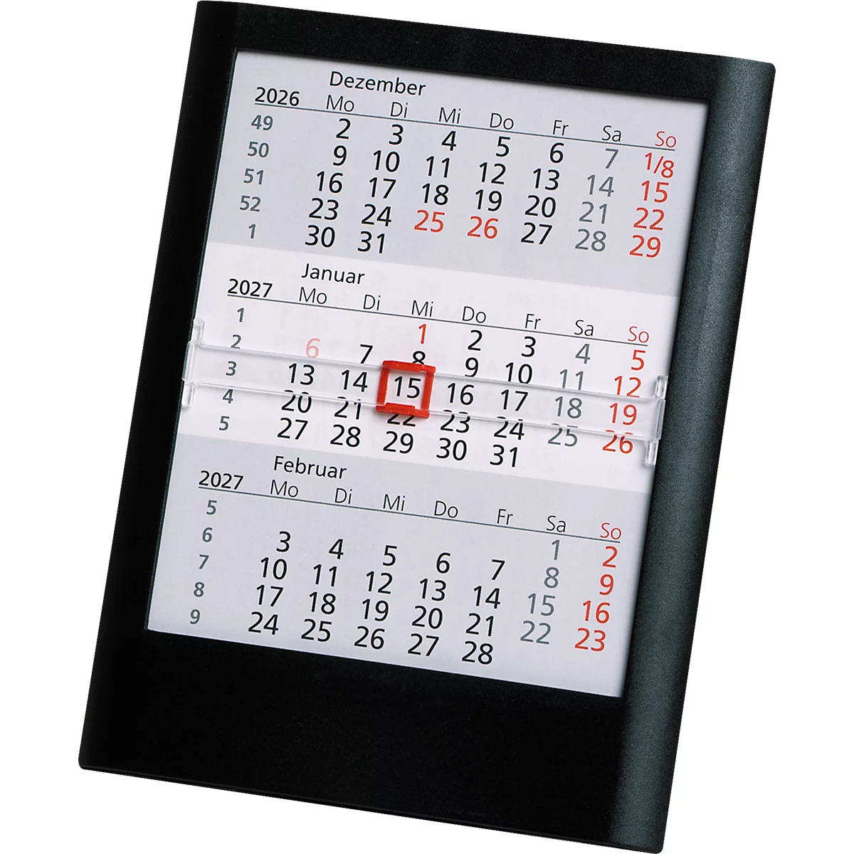 Calendrier de bureau noir avec date encadrée du 15 janvier 2027. Affichage mensuel avec décembre 2026, janvier et février 2027.
