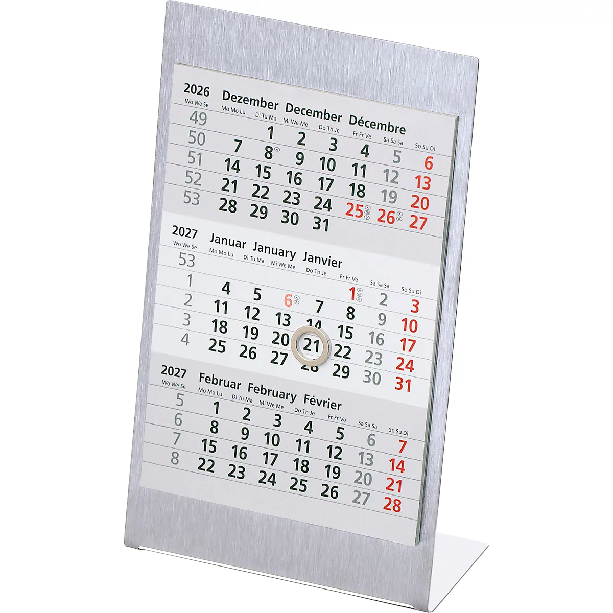Calendrier affichant les mois de 2026 et 2027 avec la date en surbrillance. Y compris le cadre métallique.